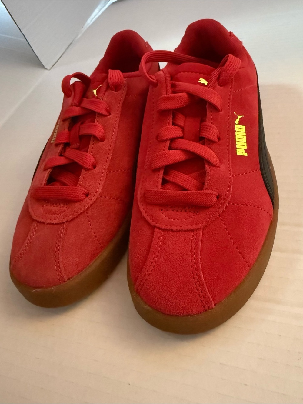 Puma Kids Red Suede Sneakers with Gum Sole.